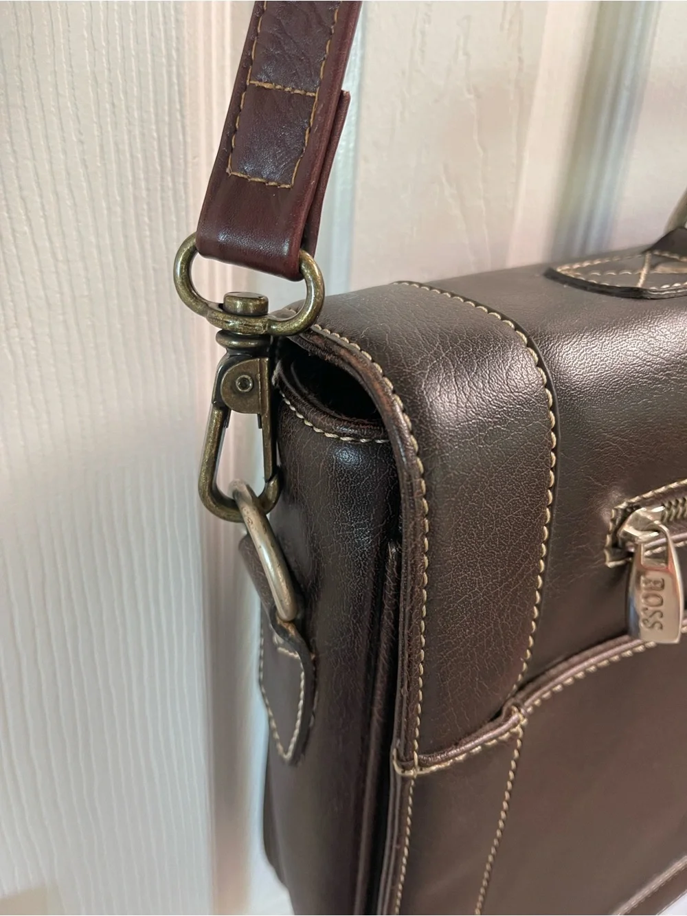 BOSS Brown Leather Briefcase with Shoulder Strap
